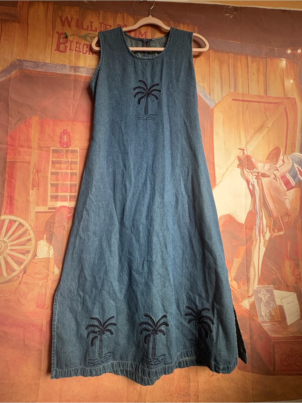 Vintage Denim Palm Tree Embroidered Maxi Dress | Boho Coastal - Picture 2 of 9